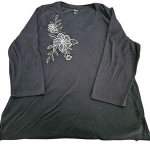 Alia Womens T-Shirt Black Size 1X Cotton Blend 1/2 Sleeve Pullover Flowers